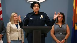 Phoenix Police Chief Jeri Williams discusses new policy and procedure to document when a police firearm is pointed in the direction of a person during a press conference on Aug. 19, 2019 at the Phoenix City Hall Atrium in Phoenix, Ariz. Phoenix Police Department