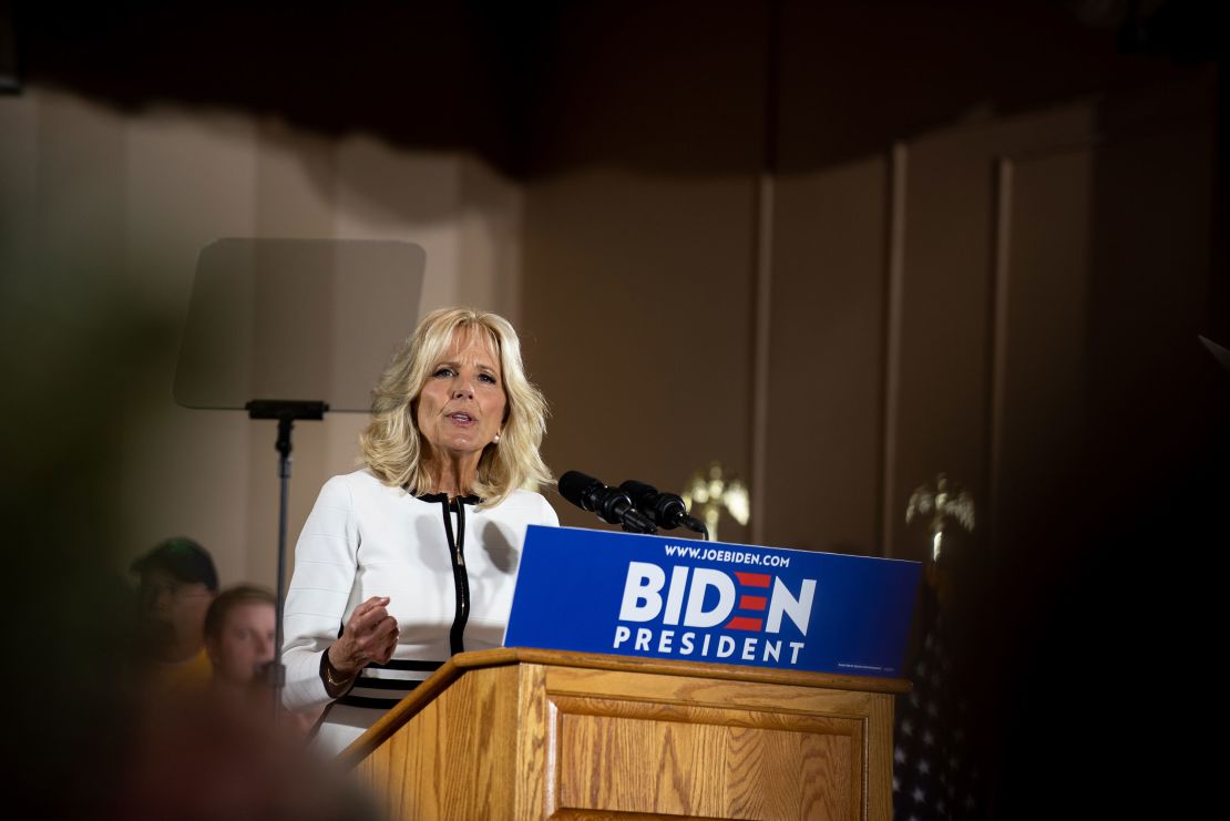 In this April 2019 file photo, Jill Biden is seen speaking before Joe Biden takes the stage in Pittsburgh. 