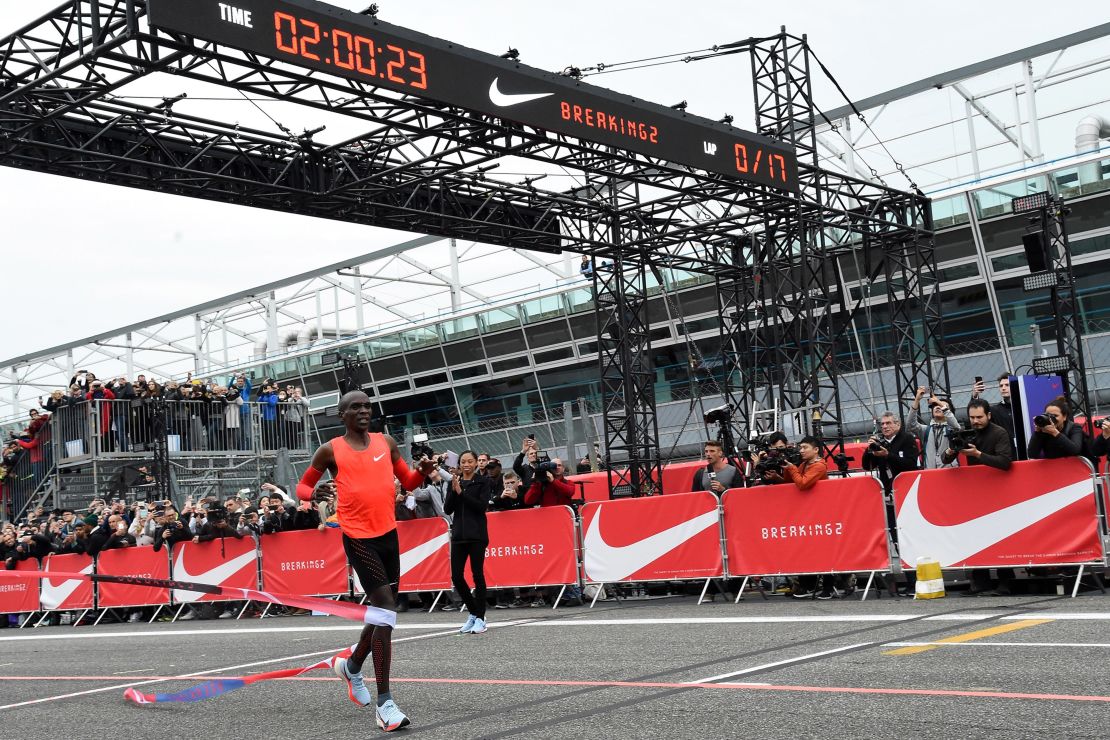 Kipchoge falls just short of running a sub-two hour marathon at the Nike Breaking2 event.
