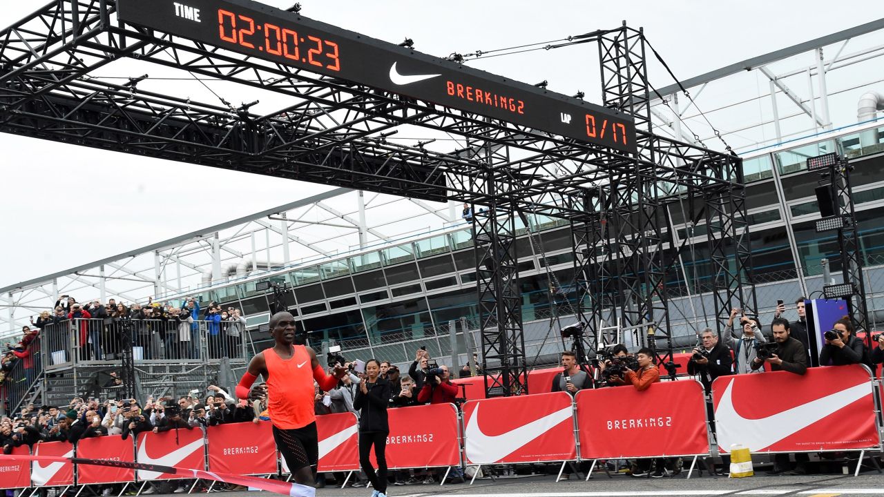 Kipchoge falls just short of running a sub-two hour marathon at the Nike Breaking2 event.
