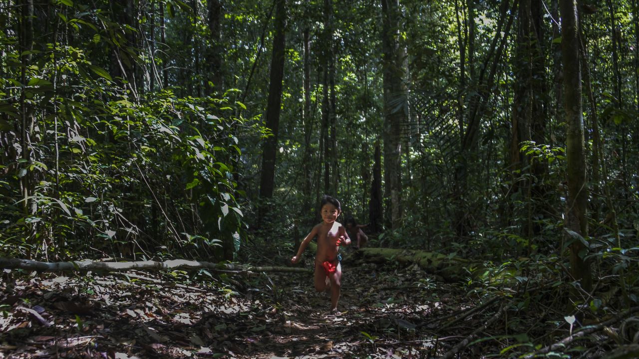 A young Ruwan Waiapi plays in the jungle. Her father, Jawaruwa Waiapi, testified before the United Nations in New York to ask for international support for Brazil's Amazon and the indigenous tribes that live in it.