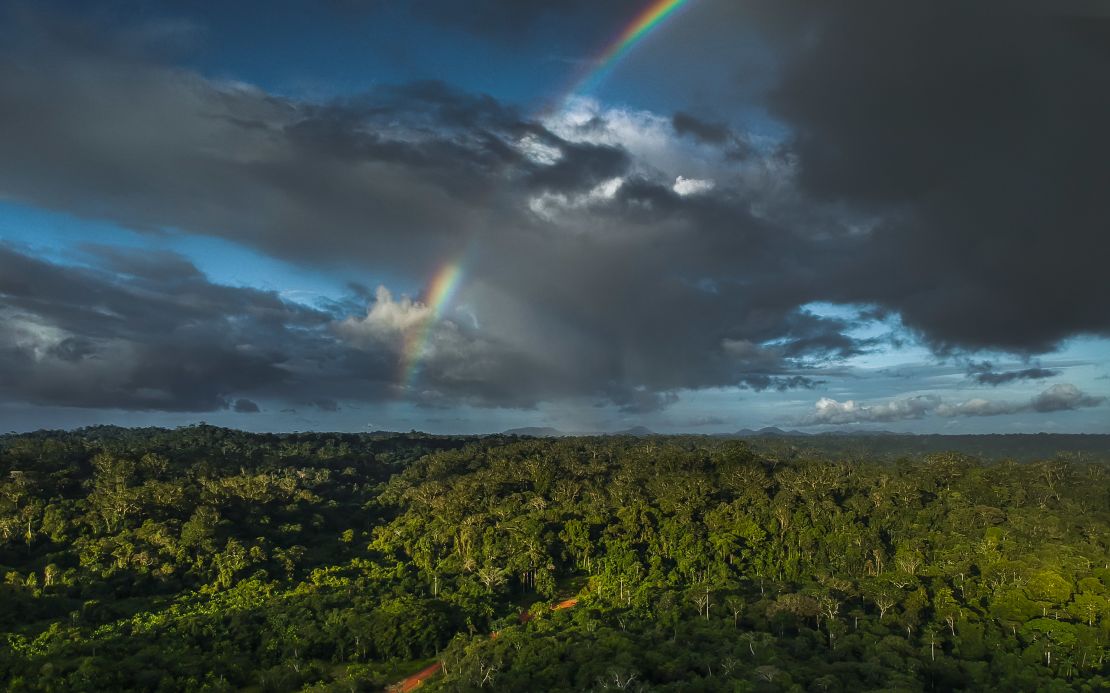 A rainbow shines over Jakare village, in the state of Amapa. 
