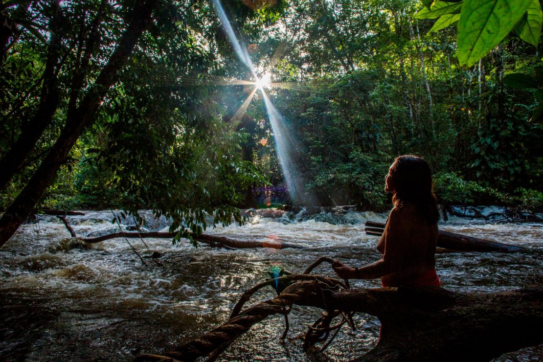 Chief Ajareaty Waiapi stands by the Rio Onca river looking out into the forest. 