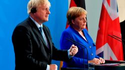 German Chancellor Angela Merkel (R) and British Prime Minister Boris Johnson speak to journalists at the Chancellery on August 21, 2019 in Berlin. - Johnson visits Berlin to kick off a marathon of tense talks with key European and international leaders as the threat of a chaotic no-deal Brexit looms. (Photo by John MACDOUGALL / AFP)        (Photo credit should read JOHN MACDOUGALL/AFP/Getty Images)