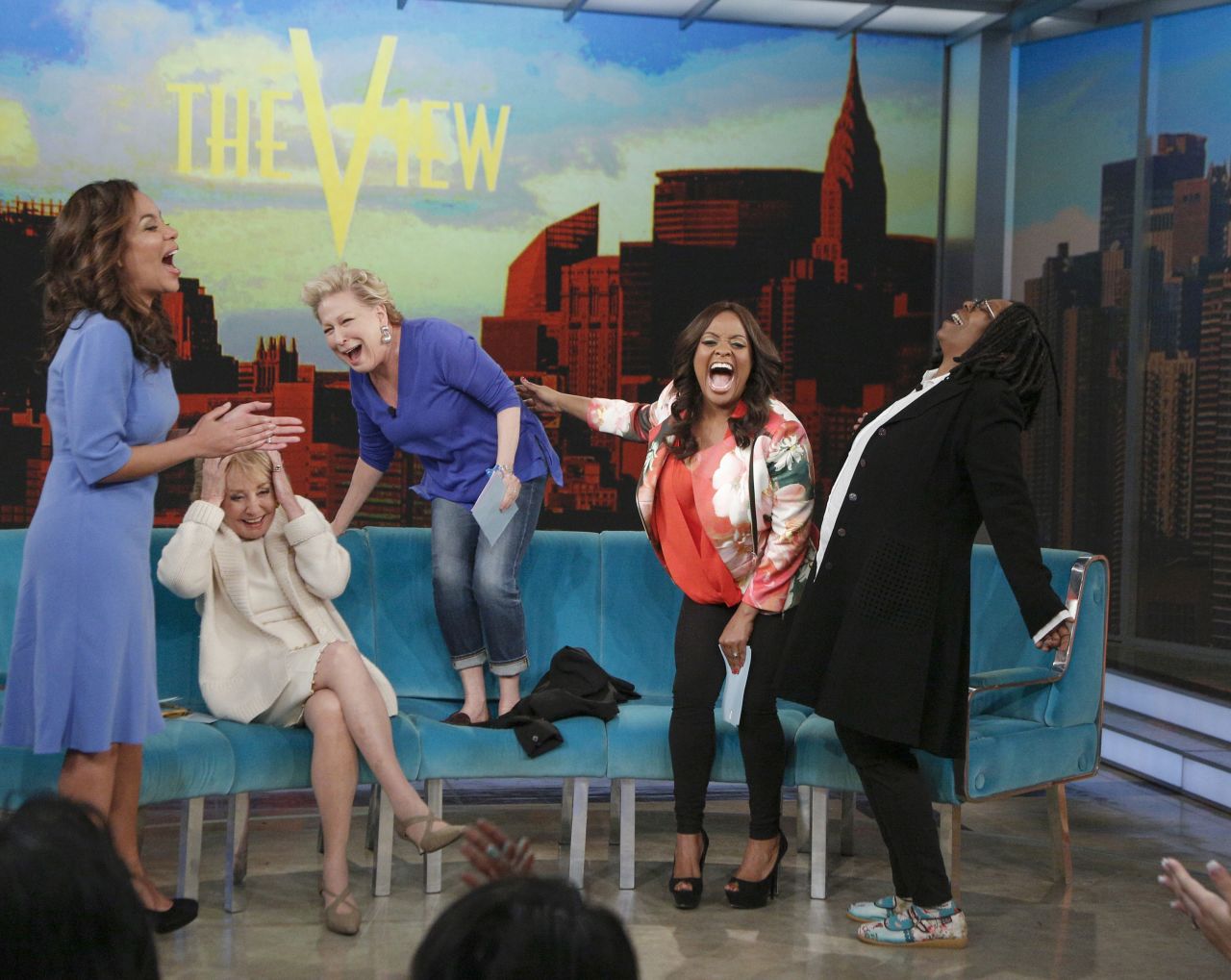 Hosts of "The View" laugh it up during an episode in 2014. From left are guest co-host Sunny Hostin, Walters, guest Bette Midler, Sherri Shepherd and Whoopi Goldberg.