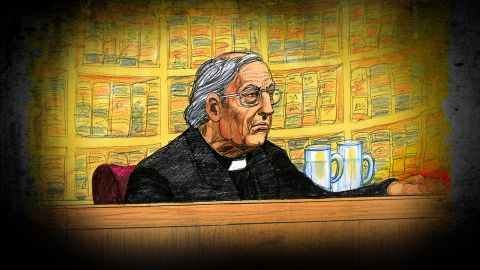 Cardinal George Pell was wearing his clerical collar as he sat in the dock for his appeal ruling on Wednesday, August 21. 
