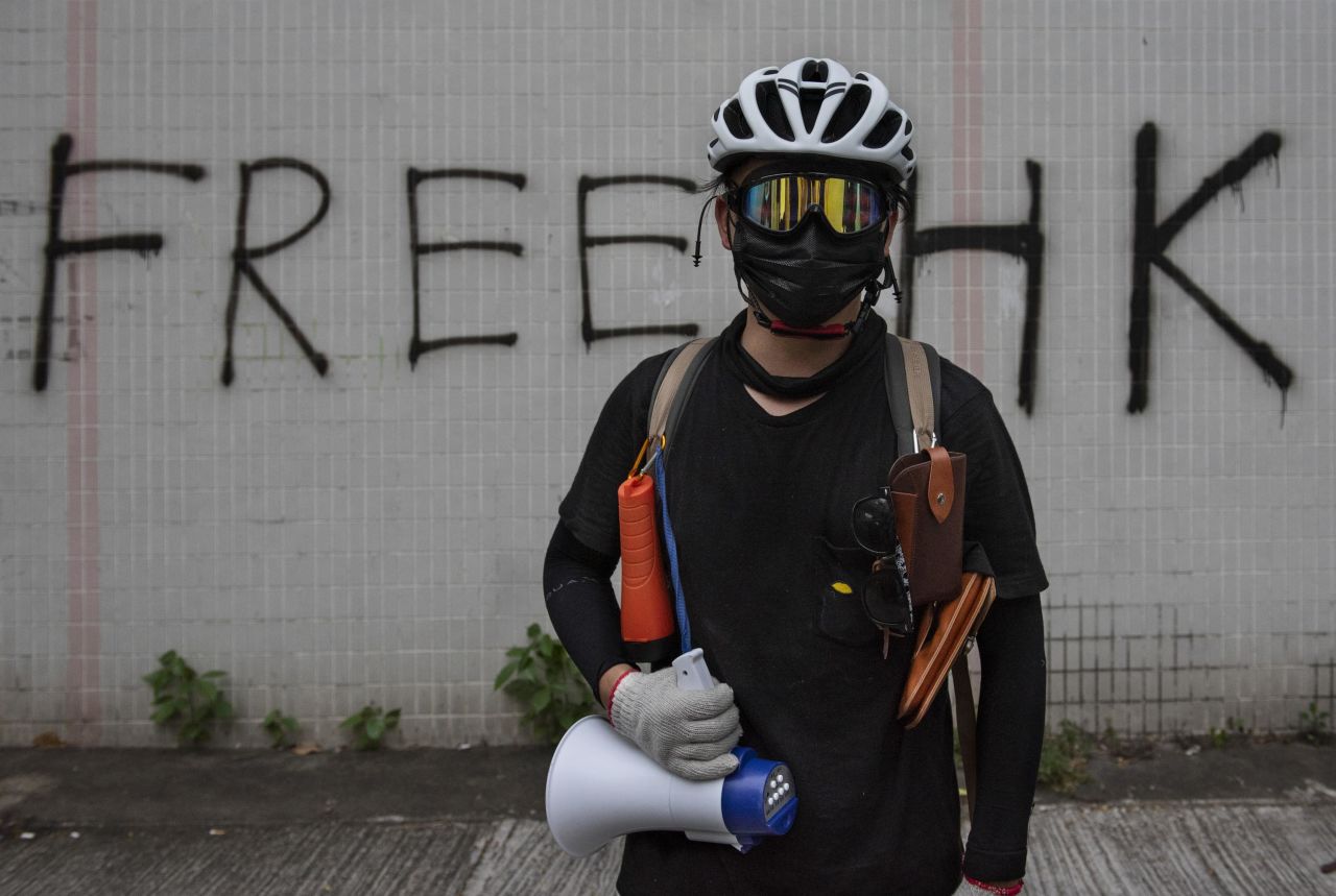 A protester wearing a mask during anti-government protests, which began in response to a proposed extradition law, in Tai Po, Hong Kong, on August 10, 2019. 
