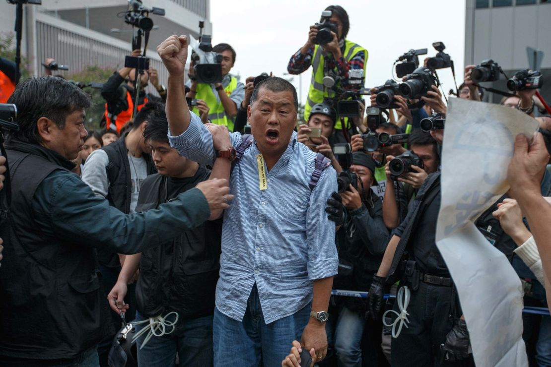 Jimmy Lai protests during 2014's Umbrella Movement for democracy in Hong Kong.