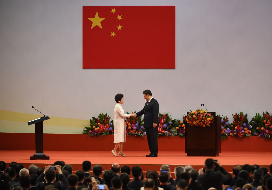 Hong Kong's Chief Executive Carrie Lam shakes hands with China's President Xi Jinping after being sworn in as the territory's leader in 2017. 