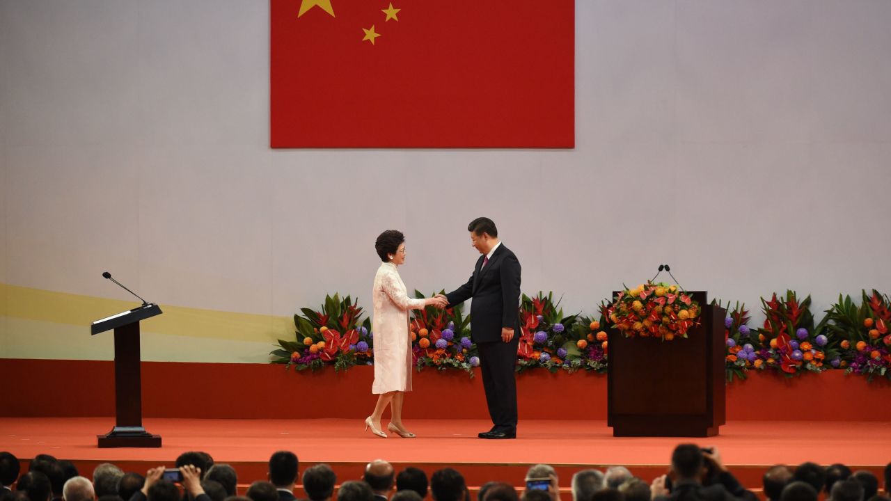 Hong Kong's Chief Executive Carrie Lam shakes hands with China's President Xi Jinping after being sworn in as the territory's leader in 2017. 