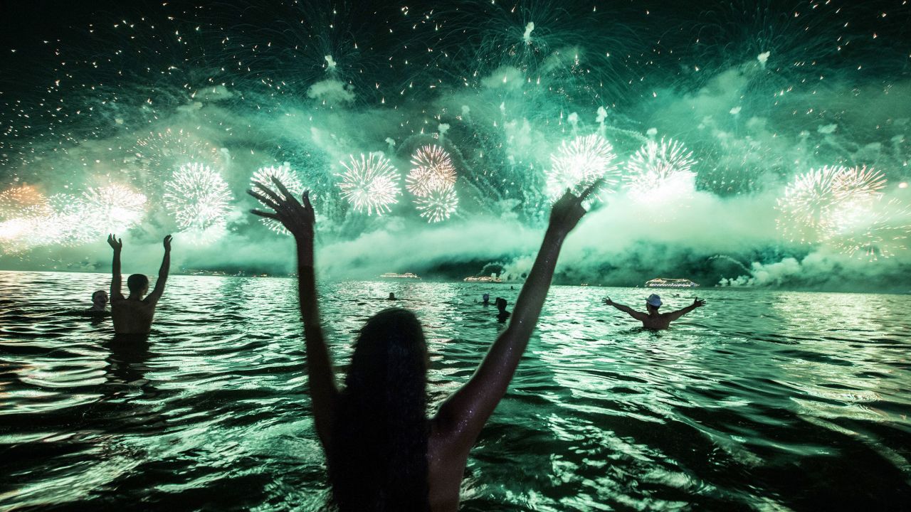 The New Year's Eve celebration at Rio de Janeiro's Copacabana Beach includes fireworks and often a late-night swim.
