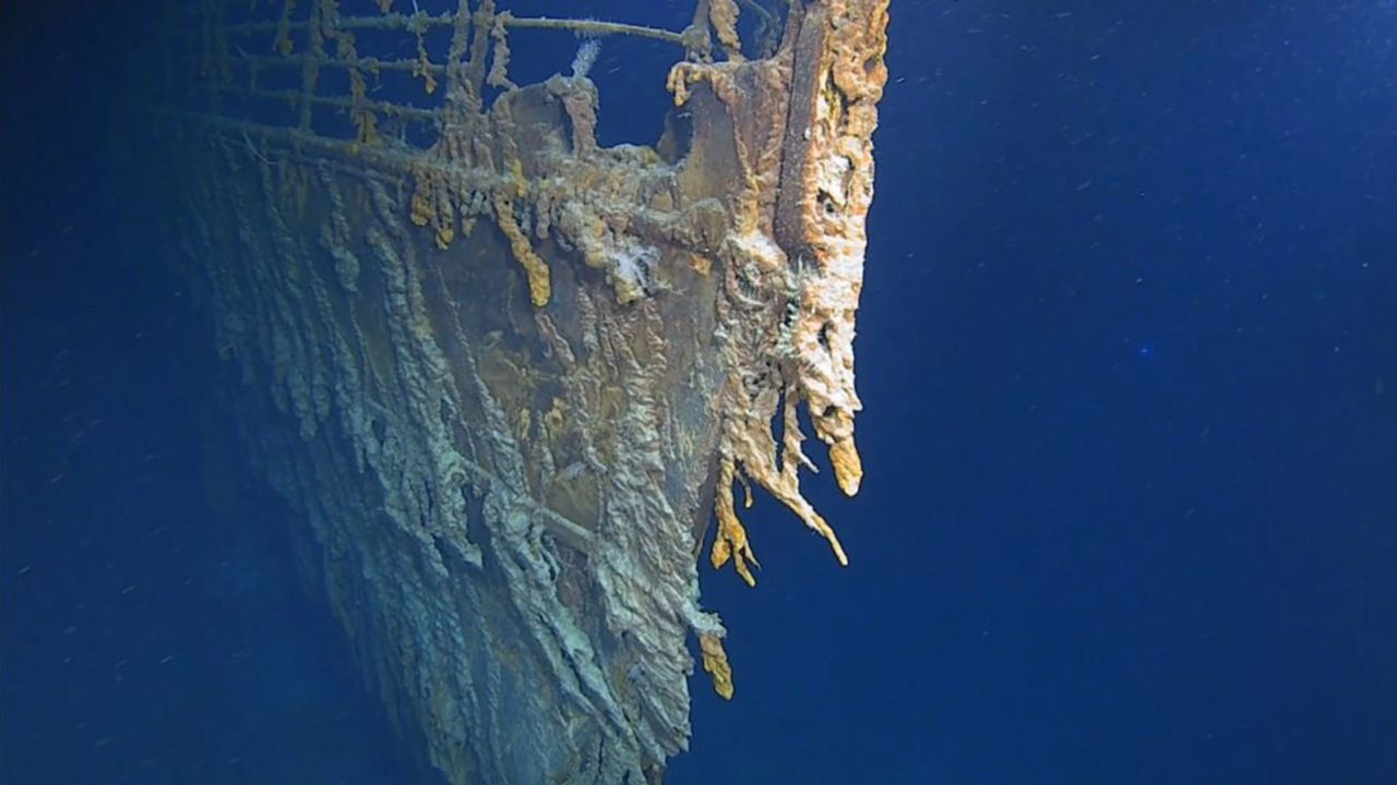 The Titanics rests about 12,000 feet down in the North Atlantic Ocean.