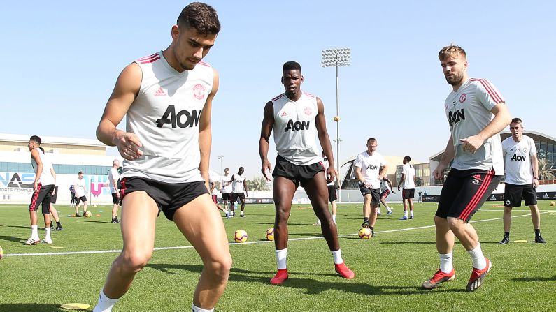 Andreas Pereira, Paul Pogba and Luke Shaw of Manchester United in action during a first team training session at Nad Al Sheba Sports Complex on January 9, 2019 in Dubai, United Arab Emirates. They're just a few of the elite athletes to train at the NAS complex.