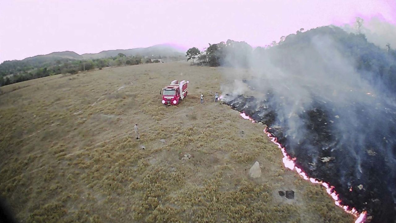 In this August 20, 2019, drone photo released by the Corpo de Bombeiros de Mato Grosso, brush fires burn in Guaranta do Norte municipality, Mato Grosso state, Brazil.