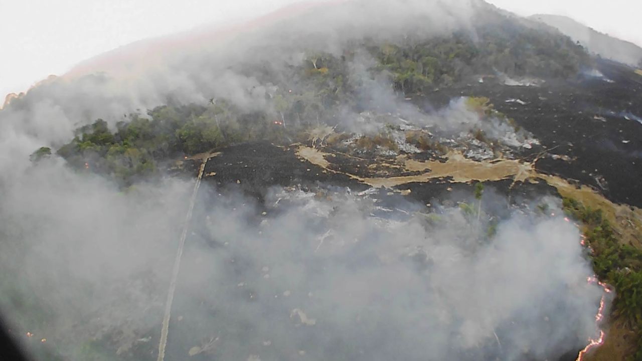 In this Aug. 20, 2019 drone photo released by the Corpo de Bombeiros de Mato Grosso, brush fires burn in Guaranta do Norte municipality, Mato Grosso state, Brazil.