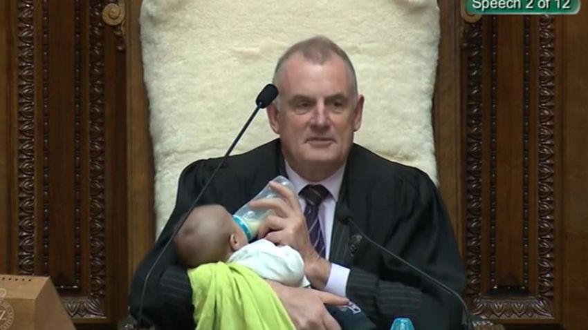New Zealand Parliament Speaker Trevor Mallard held the baby of MP Tamati Coffey in the parliament chamber on August 21, 2019.
