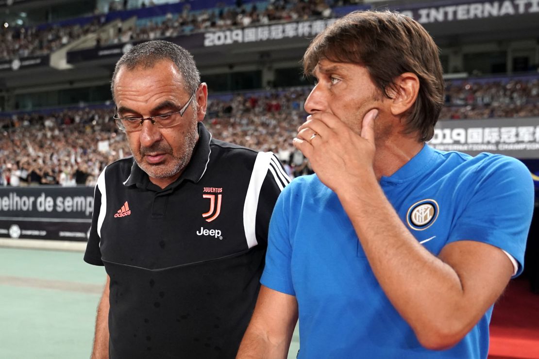 Maurizio Sarri of Juventus and Antonio Conte of Inter talk prior to the International Champions Cup match in China on July 24.