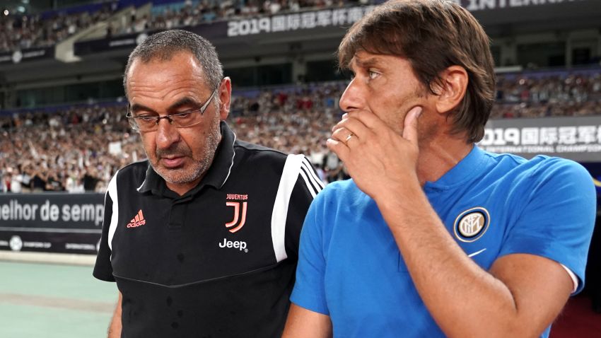 NANJING, CHINA - JULY 24: Head coach Maurizio Sarri of Juventus and Head coach Antonio Conte of FC Internazionale talk prior to the International Champions Cup match between Juventus and FC Internazionale at the Nanjing Olympic Center Stadium on July 24, 2019 in Nanjing, China. (Photo by Fred Lee/Getty Images)