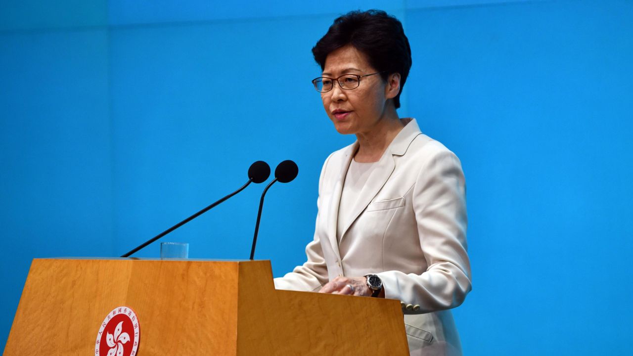 HONG KONG - JUNE 18: Hong Kong Chief Executive Carrie Lam speaks during a press conference to address recent protests against an extradition bill on June 18, 2019 in Hong Kong. Hong Kongs Chief Executive Carrie Lam issued a formal apology but added that the controversial bill will not be scrapped on Tuesday, two days after almost two million people marched in the city to demand for her to step down and withdraw a controversial extradition bill which would allow suspected criminals to be sent to the mainland and place its citizens at risk of extradition to China. (Photo by Carl Court/Getty Images)