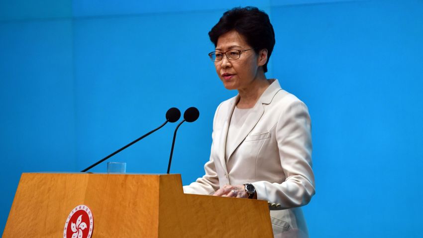 HONG KONG - JUNE 18: Hong Kong Chief Executive Carrie Lam speaks during a press conference to address recent protests against an extradition bill on June 18, 2019 in Hong Kong. Hong Kongs Chief Executive Carrie Lam issued a formal apology but added that the controversial bill will not be scrapped on Tuesday, two days after almost two million people marched in the city to demand for her to step down and withdraw a controversial extradition bill which would allow suspected criminals to be sent to the mainland and place its citizens at risk of extradition to China. (Photo by Carl Court/Getty Images)