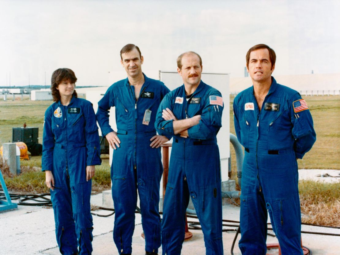 The crew of NASA's STS-7 mission take part in testing at the Kennedy Space Center in December 1982.
