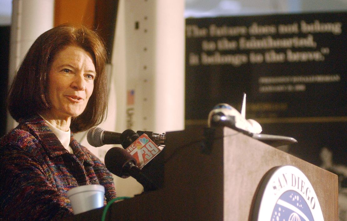 Sally Ride speaks to the media at the San Diego Aerospace Museum in February 2003.