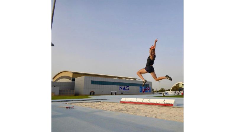 British long jumper Scott Hall trains on the athletics field. 2 April, 2018.