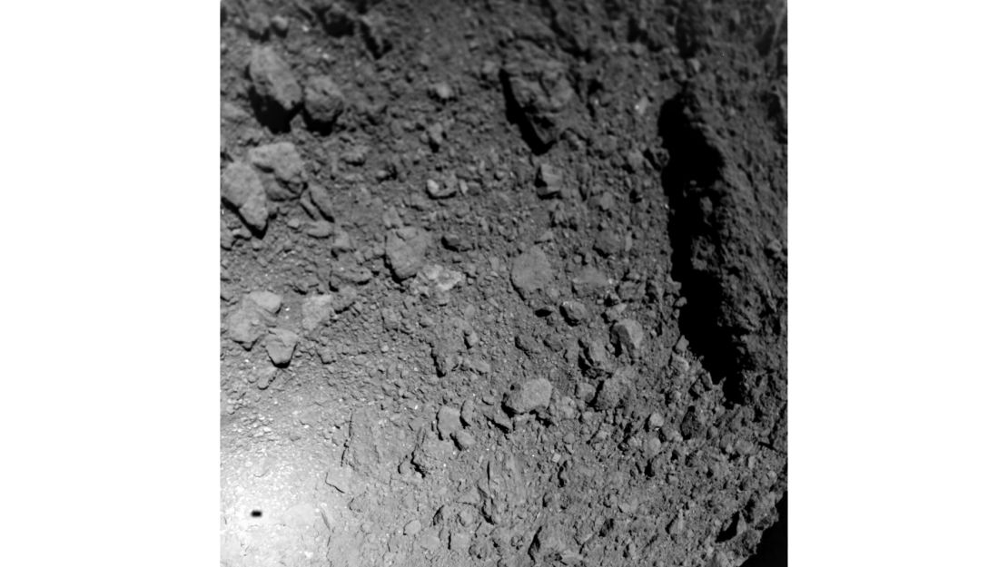 As the lander approached the asteroid looking down, it captured this view of boulders on the surface.