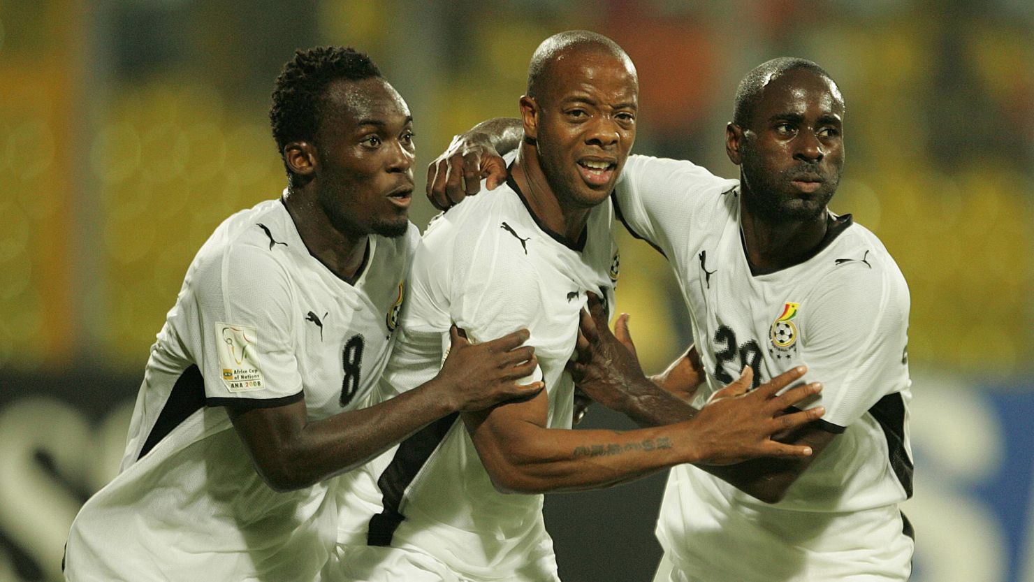 Michael Essien, Manuel Junior Agogo and Quincy Abeyie Owusu celebrate Agogo's goal in the Africa Cup of Nations third place match in 2008.