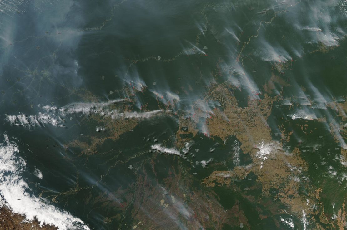 A satellite image from NASA shows the fires raging in the Amazon rainforest in Brazil in August 2019.