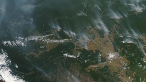 A satellite image from NASA shows the fires raging in the Amazon rainforest in Brazil in August 2019.