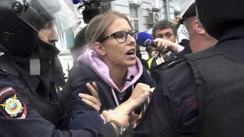 Lyubov Sobol is detained at an August 3 protest in Moscow.