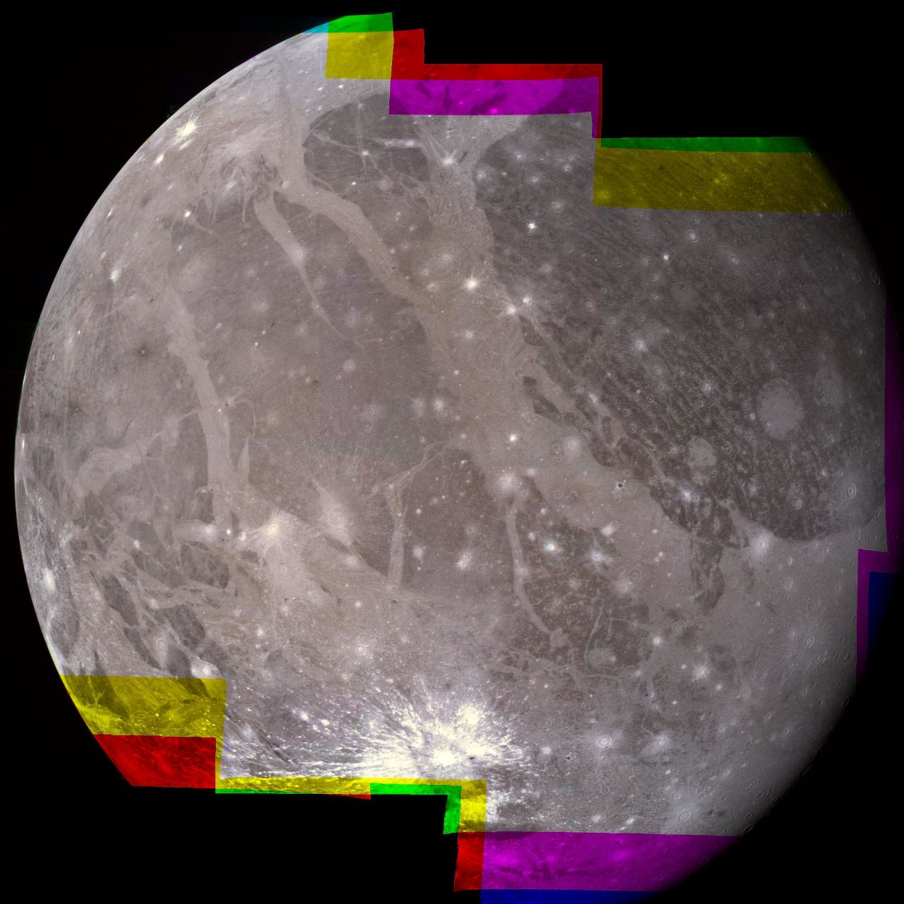The hemisphere of Ganymede that faces away from the Sun displays a great variety of terrain in this mosaic from NASA's Voyager 2.