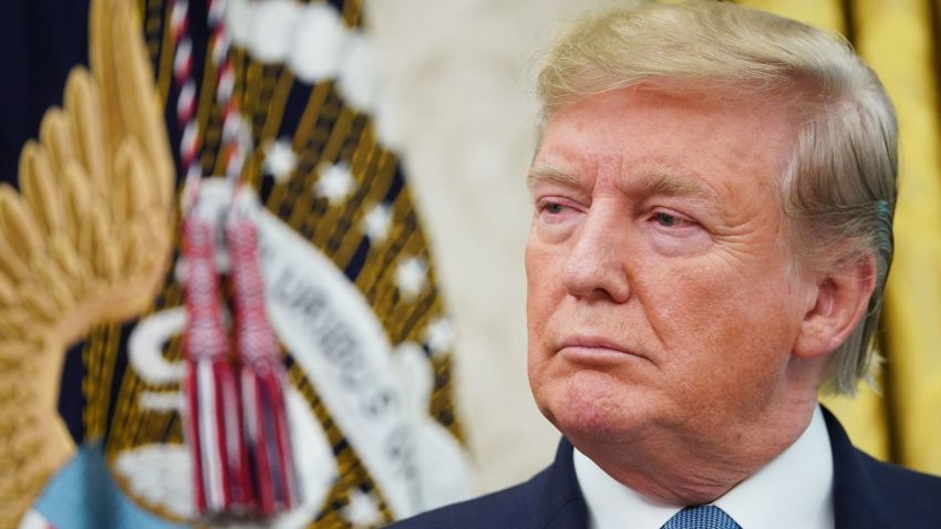 US President Donald Trump is seen during the presentation ceremony for the Presidential Medal of Freedom to Celtics basketball legend Bob Cousy in the Oval Office of the White House in Washington, DC on August 22, 2019. (Photo by MANDEL NGAN / AFP)        (Photo credit should read MANDEL NGAN/AFP/Getty Images)