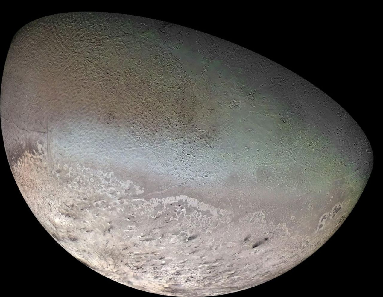Neptune's largest moon, Triton, surprised scientists with its active surface. Methane ice, shown with a pink tone, may comprise a massive polar cap on the moon's surface. The dark swaths over the ice are likely dust that land from plumes erupting on the surface.