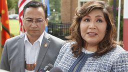 Kimberly Teehee, right, answers a question for the media as Cherokee Nation Principal Chief Chuck Hoskin Jr., left, looks on, following his announcement that he is nominating Teehee as a Cherokee Nation delegate to the U.S. House, in Tahlequah, Okla., Thursday, Aug. 22, 2019. Hoskin Jr. acknowledged the first such attempt by a tribal nation will take time as well as cooperation from Congress. (AP Photo/Sue Ogrocki)
