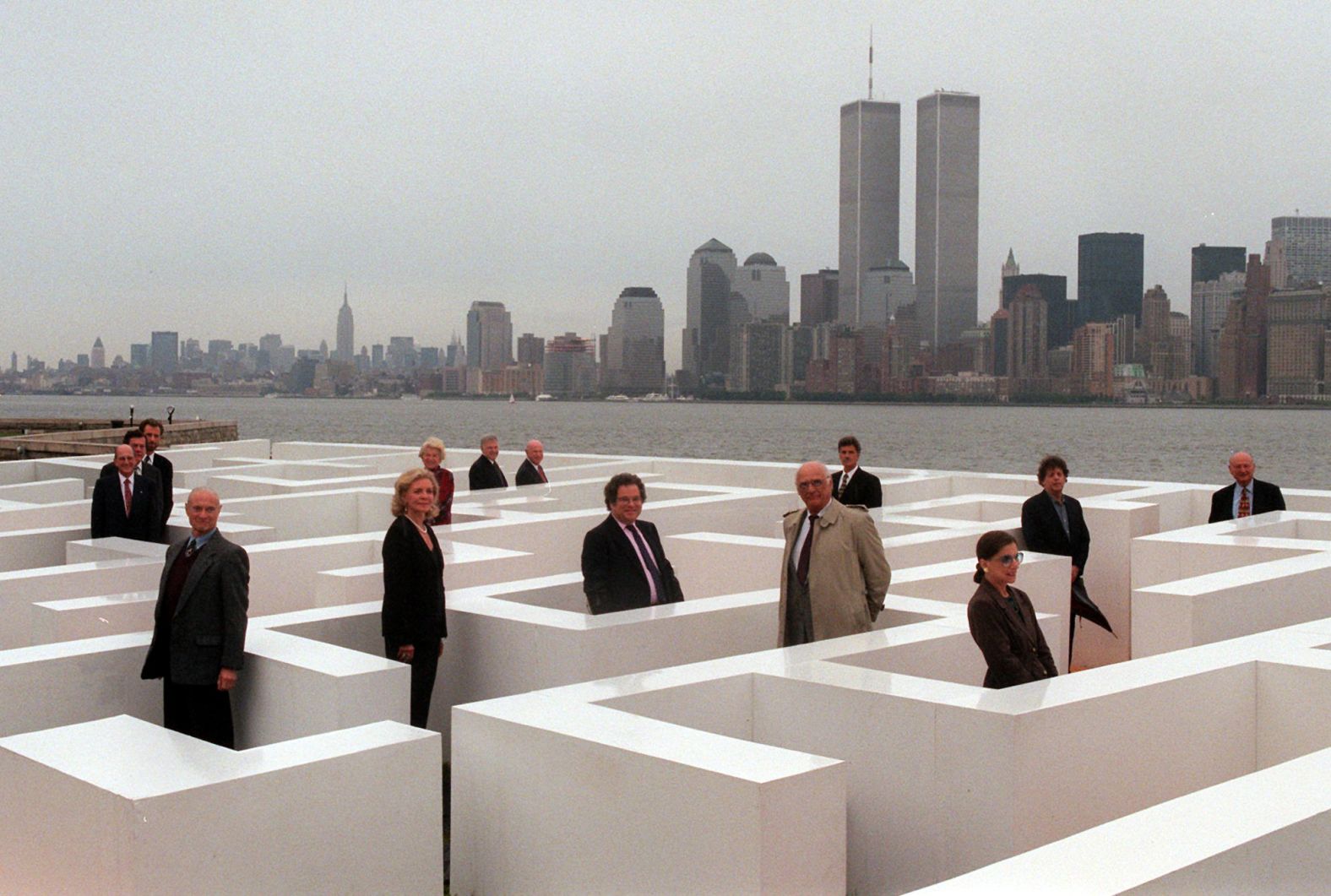 Ginsburg, front right, poses with other prominent Jewish-Americans while standing in a maze on New York's Ellis Island in 1996. It was part of a project by photographer Frederic Brenner. Also in the front row, from left, are artist Roy Lichtenstein, actress Lauren Bacall, violinist Itzhak Perlman and playwright Arthur Miller.