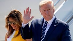U.S President Donald Trump and first lady Melania Trump arrive in Biarritz, France, Saturday, Aug. 24, 2019, for the G-7 summit. World leaders and protesters are converging on the southern French resort town of Biarritz for the G-7 summit. President Donald Trump will join host French President Emmanuel Macron and the leaders of Britain, Germany, Japan, Canada and Italy for the annual summit in the nearby resort town of Biarritz. (AP Photo/Andrew Harnik)