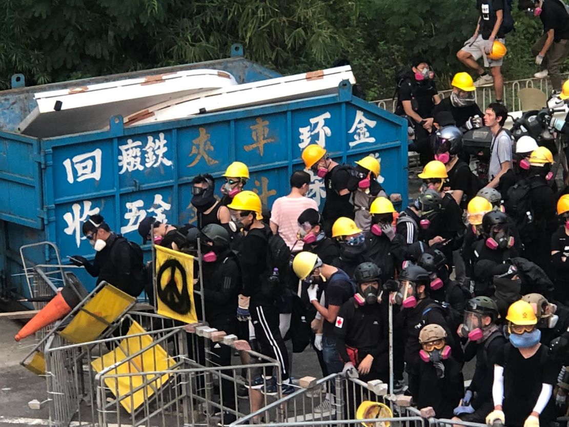 Protesters build barriers at a demonstration in Kwun Tong, Hong Kong, on August 24, 2019.