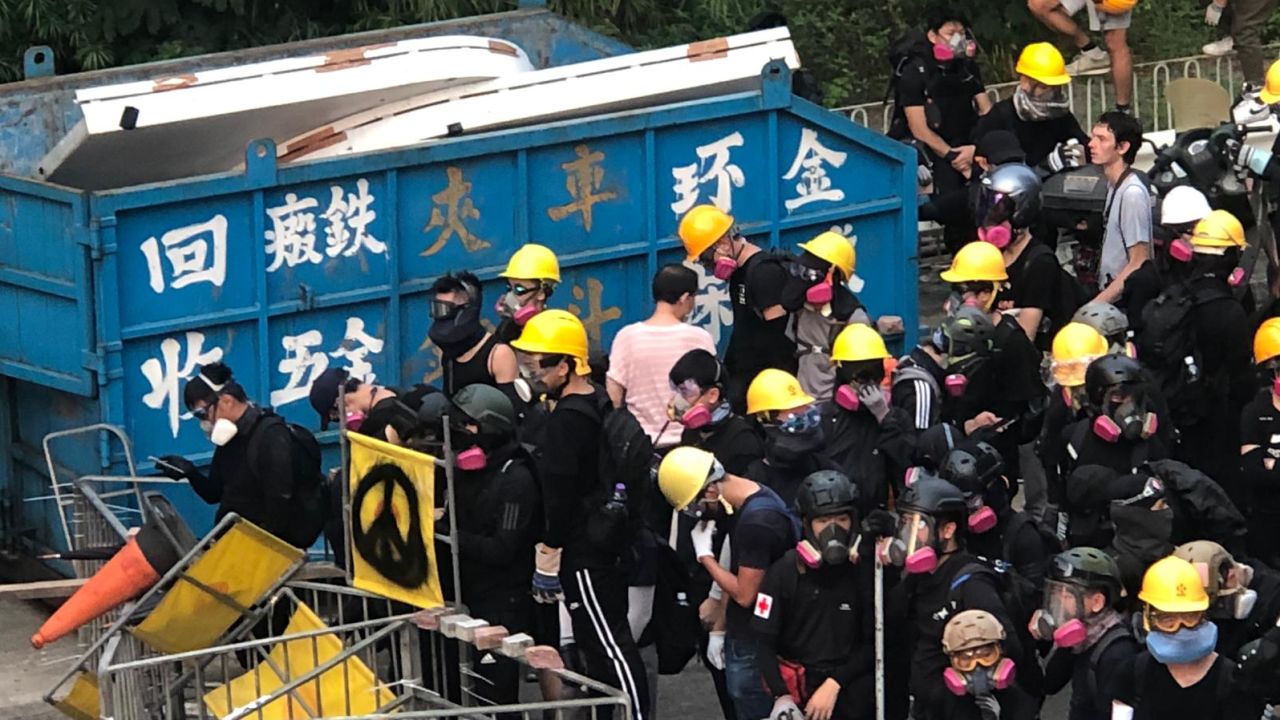 Protesters build barriers at a demonstration in Kwun Tong, Hong Kong, on August 24, 2019.