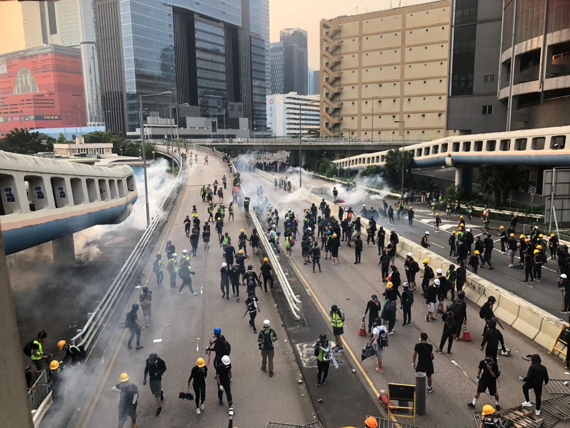 Tear gas is fired at protesters at a demonstration in Kwun Tong, Hong Kong, on August 24, 2019.