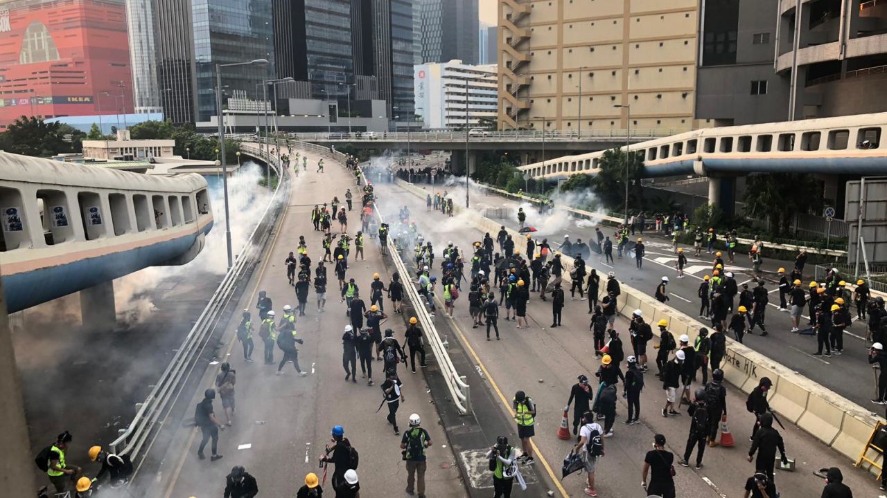 Tear gas is fired at protesters at a demonstration in Kwun Tong, Hong Kong, on August 24, 2019.