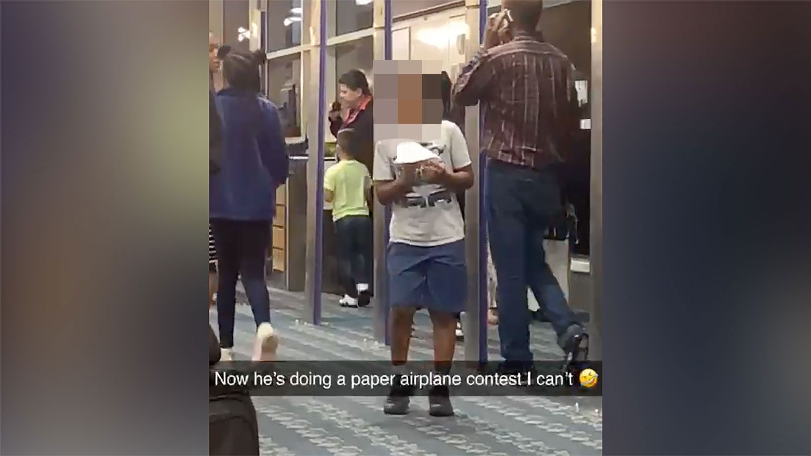Kristen Dundas posted about a flight delay that became enjoyable when Southwest staff started playing contests and games with travelers. CNN blurred the face of this child, who took part in a paper airplane contest at the gate.