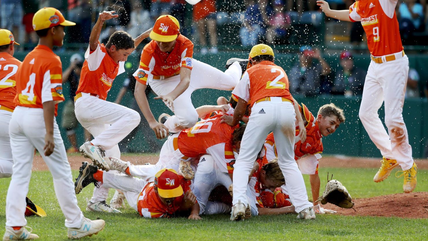 Members of the Eastbank Little League team from River Ridge, Louisiana, celebrate after winning the Little League World Series on August 25, 2019, in South Williamsport, Pennsylvania. 