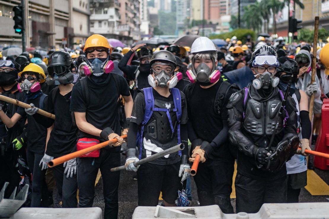 Protesters standoff with police during a clash at an anti-government rally in Tsuen Wan district on August 25, 2019 in Hong Kong.