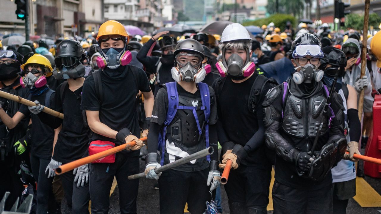 Protesters standoff with police during a clash at an anti-government rally in Tsuen Wan district on August 25, 2019 in Hong Kong.