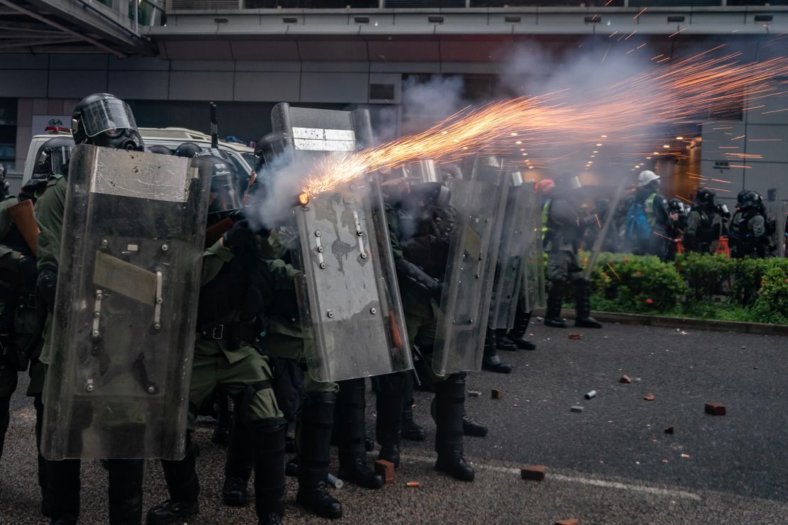 Riot police fire tear gas at protesters during a clash at an anti-government rally in Tsuen Wan district on August 25, 2019 in Hong Kong.