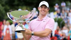 Rory McIlroy of Northern Ireland celebrates with the FedExCup trophy after winning during the final round of the TOUR Championship at East Lake Golf Club on August 25, 2019 in Atlanta, Georgia.