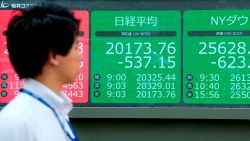 A pedestrian looks at an electric quotation board displaying the numbers on the Nikkei 225 index at the Tokyo Stock Exchange (L) and the the New York Dow (R) in Tokyo on August 26, 2019. - Tokyo's key Nikkei index plunged as much as 2.6 percent at the open on August 26 as the yen surged against the dollar on escalating US-China trade tensions.