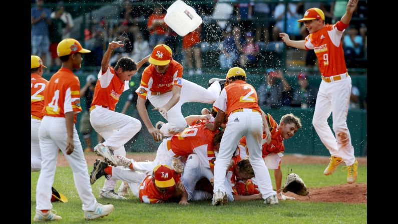 Members of the Eastbank Little League team from River Ridge, Louisiana, celebrate after defeating Curacao to win the <a href="index.php?page=&url=https%3A%2F%2Fwww.cnn.com%2F2019%2F08%2F25%2Fsport%2Flouisiana-little-league-world-series%2Findex.html" target="_blank">Little League World Series</a> in South Williamsport, Pennsylvania, on August 25. This is the first team from Louisiana to win the title.